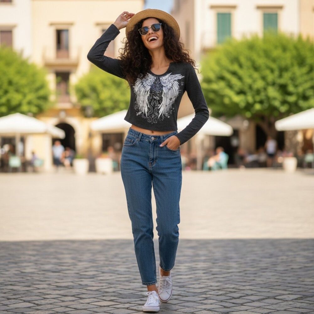 Romwe S Long Sleeve Graphic Top Angel Wings Black Stretch Tee Women S
